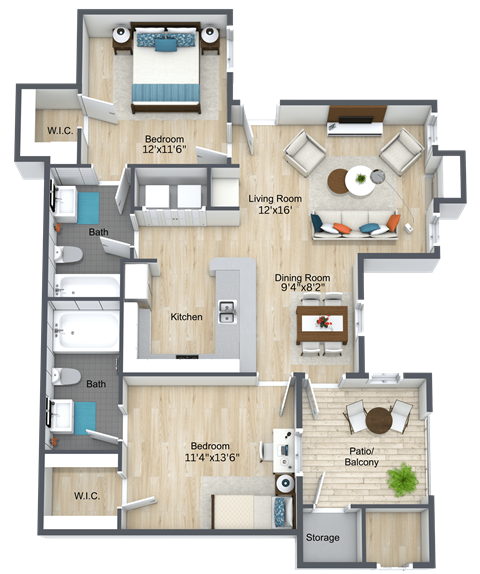 A floor plan of an apartment with a living room, dining room, kitchen, and multiple bathrooms.